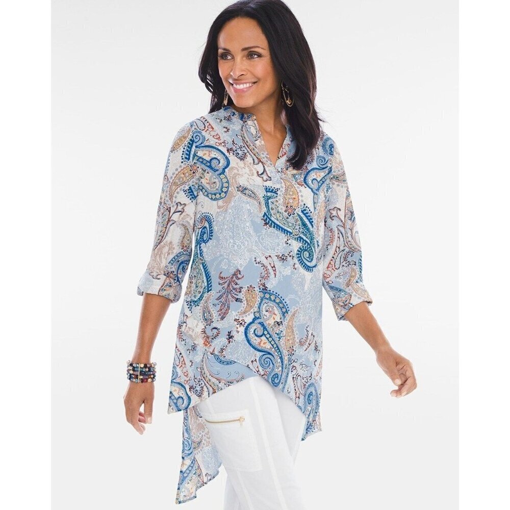 Chicos Womens Paisley Layered Tunic Top Medium Blue Beige V-Neck Long Sleeve